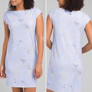 PrAna Sanna Shift Dress Medium Blue Sheen Jigsaw Cap Sleeve Stretch Knit Geo